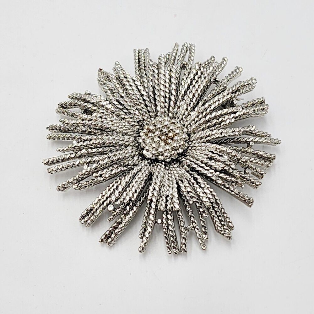 Vintage Capri Flower Textured Silver Tone Modernist Brooch Pin Signed 2 1/4"